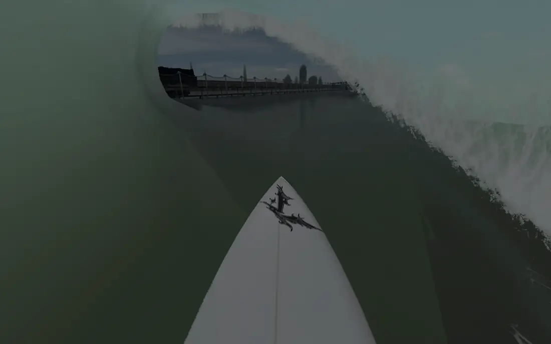 Vista da prancha sobre a superfície da onda durante uma sessão de teste em True Surf