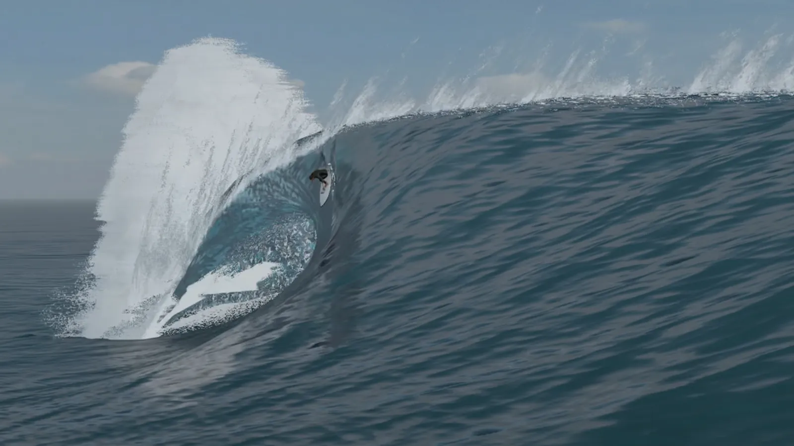 Onda tubular a rebentar no simulador de surf True Surf, com um surfista a percorrer a parede da onda