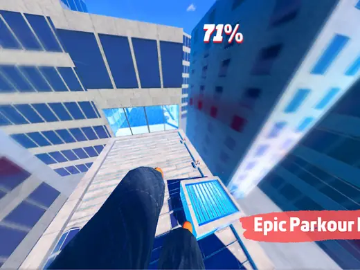 Salto entre edifícios envidraçados em Rooftop Run