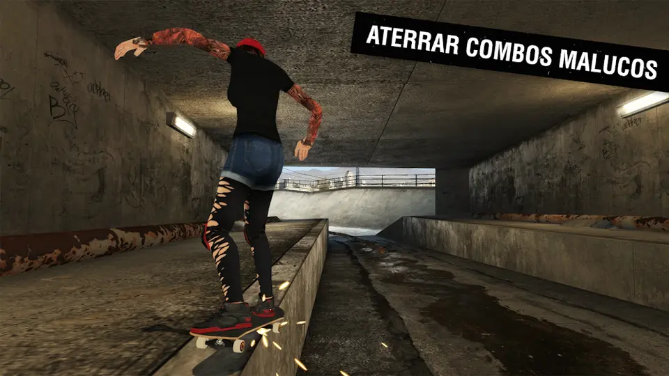 Manobra de grind num túnel subterrâneo em Skateboard Party 3