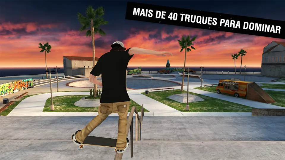Sessão de skate ao pôr do sol junto a palmeiras em Skateboard Party 3