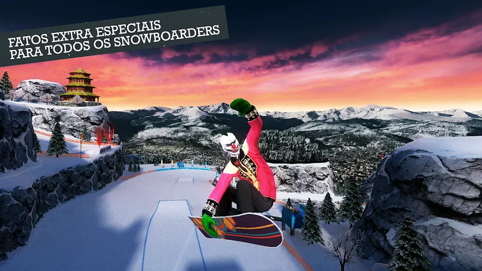 Snowboarder em pleno salto sobre uma estância nevada em Snowboard Party: World Tour
