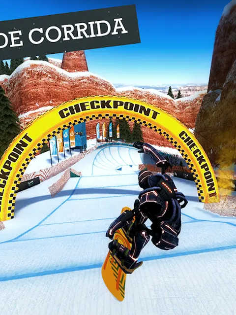 Descida de snowboard entre portões de controlo num desfiladeiro nevado