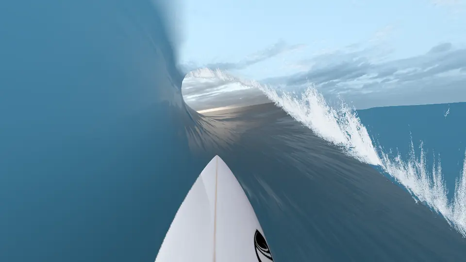 Vista de dentro do tubo com a prancha em primeiro plano em True Surf