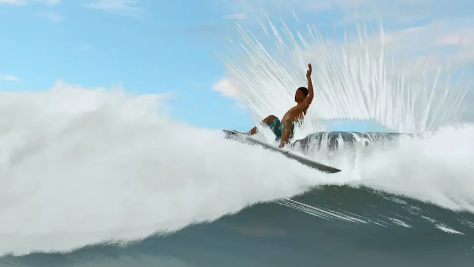 Rasgo na crista da onda com salpicos de água em True Surf