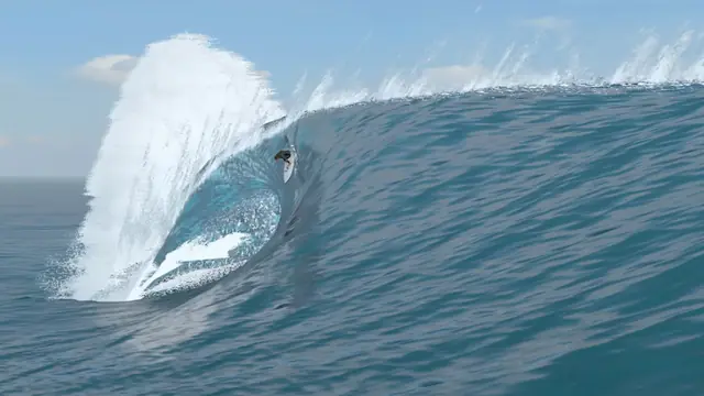 Onda grande a rebentar sobre o surfista no simulador True Surf